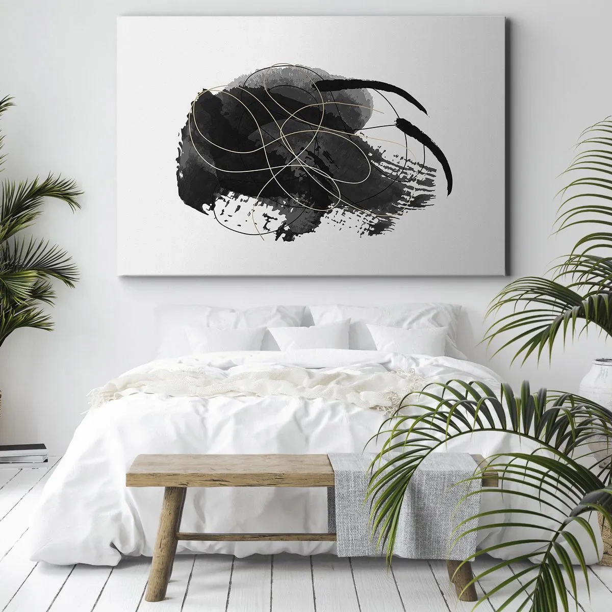 Canvastavla - Bild på duk - Abstraktion i svart och guld på vit bakgrund - 70x50cm - Uppkommen ur svärta - Modern väggdekoration för vardagsrum och sovrum ARTTOR