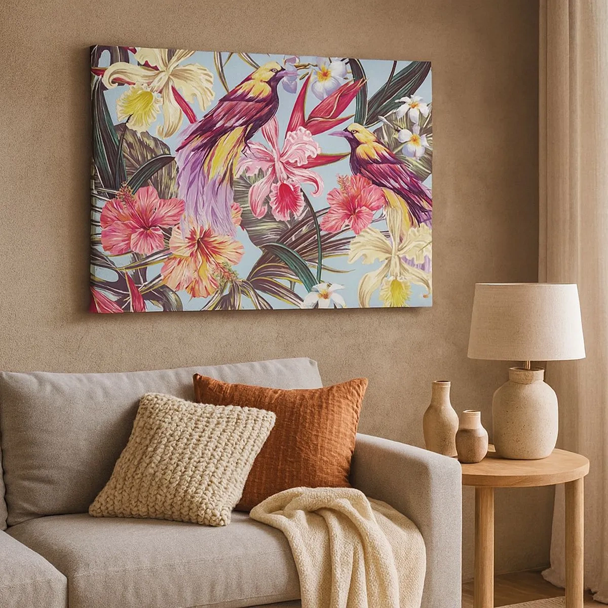 Canvastavla - Bild på duk - Exotiska fåglar bland tropiska blommor - 70x50cm - Flingor och fjädrar - Modern väggdekoration för vardagsrum och sovrum ARTTOR