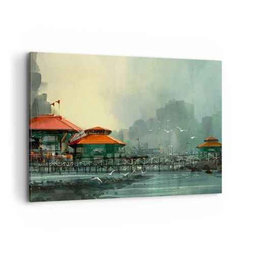 Canvastavla - Bild på duk - Duggig dag i hamnen - 100x70 cm