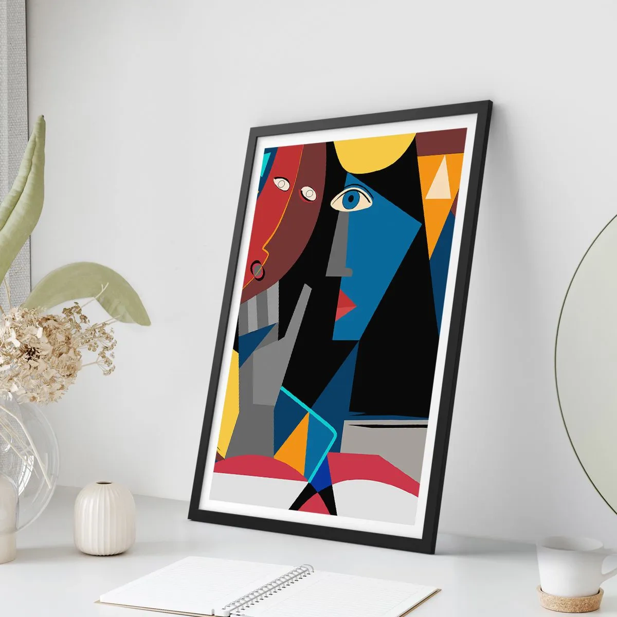 Affisch i svart ram - Kubistisk abstraktion av ett ansikte i livfulla färger - 50x70cm - Kubistiskt samtal - Modern väggdekoration för vardagsrum och sovrum ARTTOR