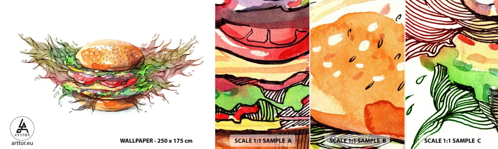 Provbit av självhäftande fototapet Deluxe Sticker - Het frestelse - Gastronomi, Hamburgare, Kulinariskt - 100x30 cm