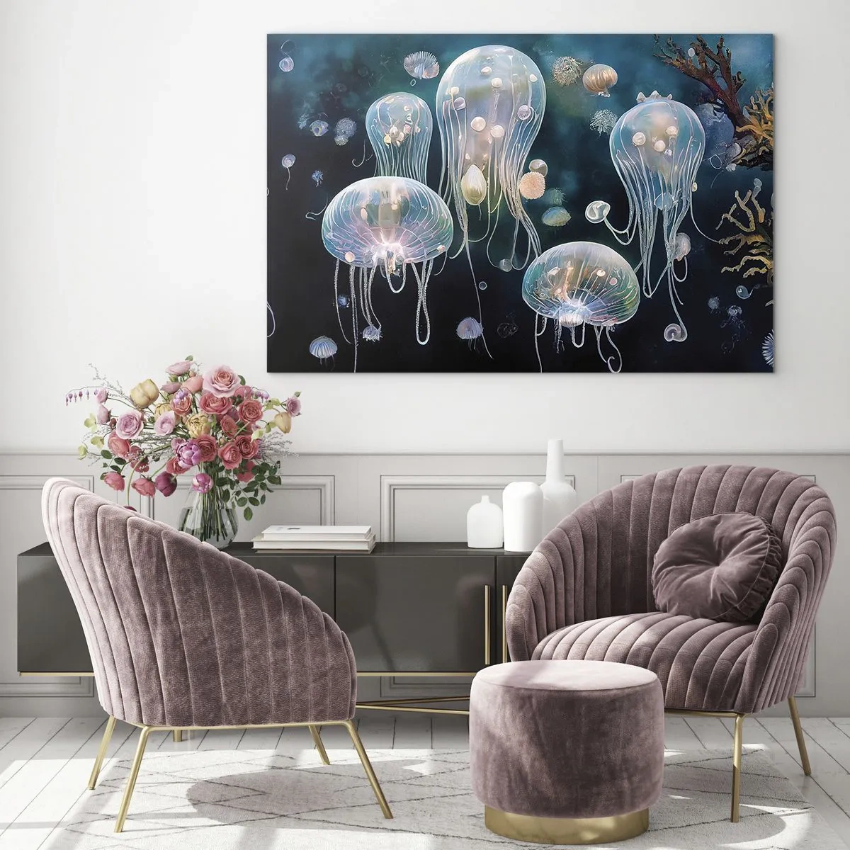 Glastavla - Bild på glas - Maneter i undervattensvärldens lysande dans - 70x50cm - Undervattenbal - Modern väggdekoration för vardagsrum och sovrum ARTTOR