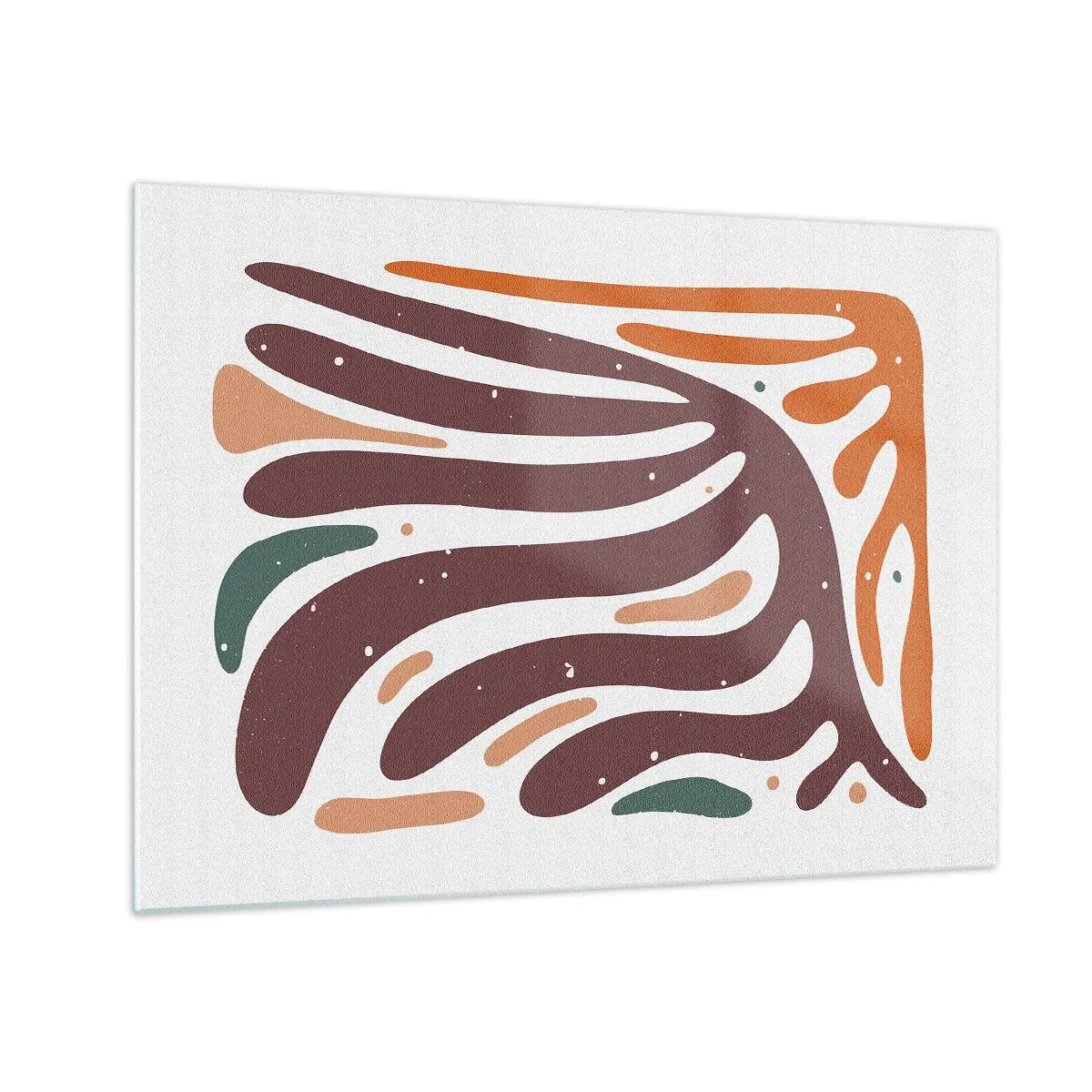 Glastavla - Bild på glas - Abstrakta former i brunt och orange som strålar ut mot en vit bakgrund - 70x50cm - Strålande organisk komposition - Modern väggdekoration för vardagsrum och sovrum ARTTOR