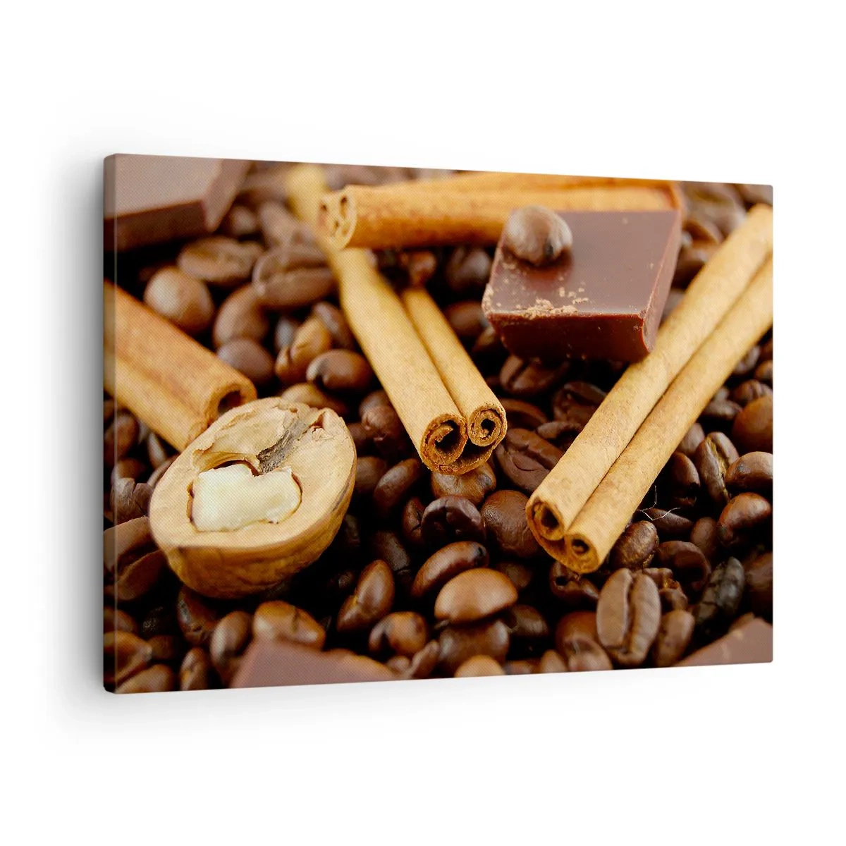 Canvastavla - Bild på duk - Kaffebönor med kanelstänger, choklad och valnöt. - 70x50cm - Aromkonsert - Modern väggdekoration för vardagsrum och sovrum ARTTOR