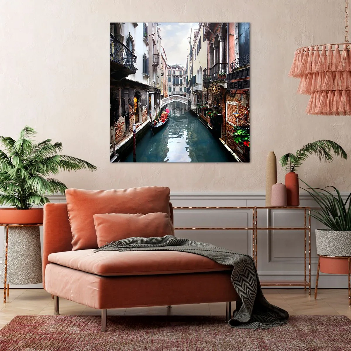 Canvastavla - Bild på duk - Venedig-landskap med gondol och bro - 40x40 cm