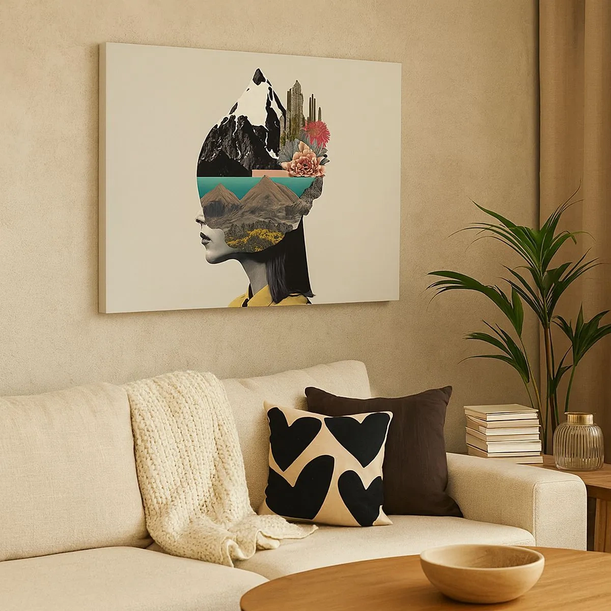 Canvastavla - Bild på duk - Collage av en kvinna med ett bergslandskap och blommor - 70x50cm - Kvinnan - alltid ett mysterium - Modern väggdekoration för vardagsrum och sovrum ARTTOR