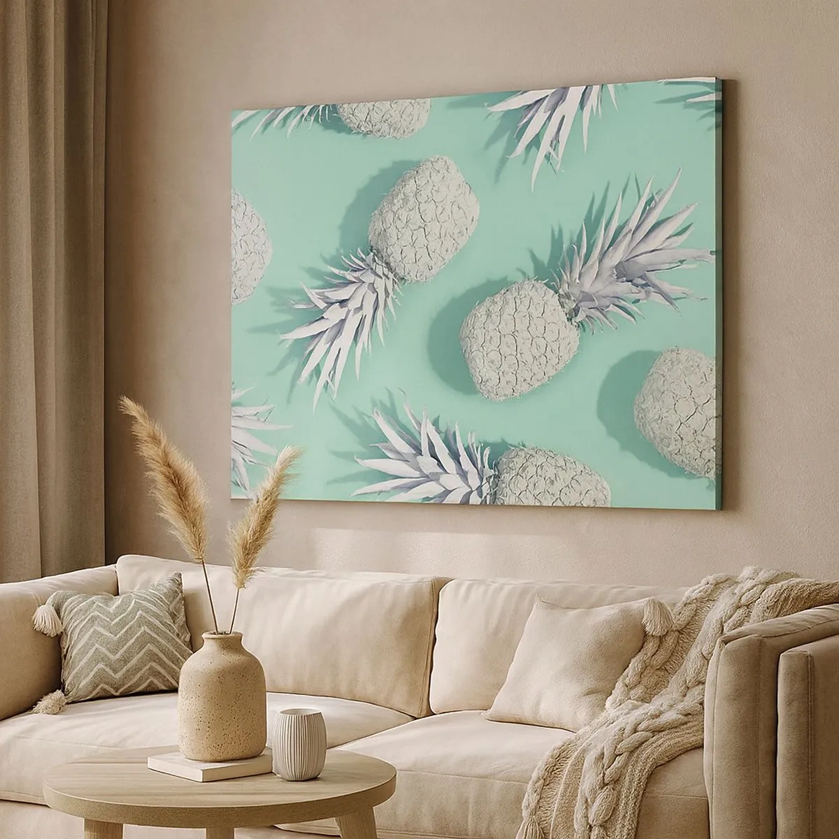 Canvastavla - Bild på duk - Vita ananaser på en pastellbakgrund i minimalistisk stil - 70x50cm - Passar utmärkt med mynta - Modern väggdekoration för vardagsrum och sovrum ARTTOR