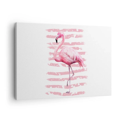 Canvastavla - Bild på duk - Flamingo på rosa bakgrund i minimalistisk stil - 70x50cm - Med värdighet trots i rosa färg - Modern väggdekoration för vardagsrum och sovrum ARTTOR