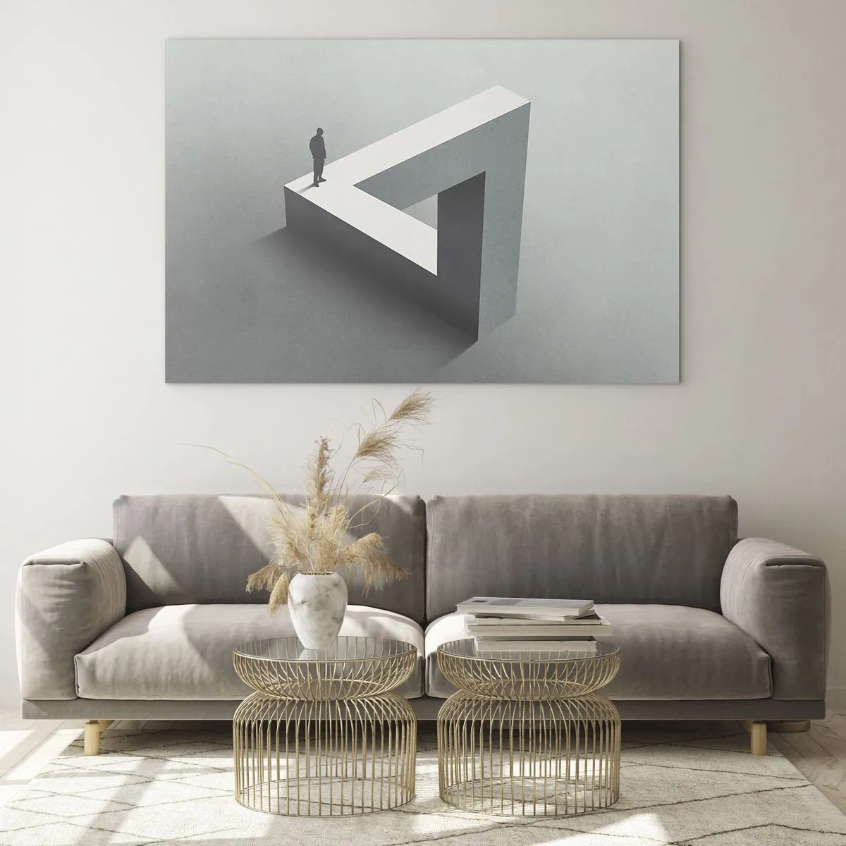 Glastavla - Bild på glas - En figur på en geometrisk struktur i stil med en optisk illusion - 70x50cm - Och ändå möjligt - Modern väggdekoration för vardagsrum och sovrum ARTTOR