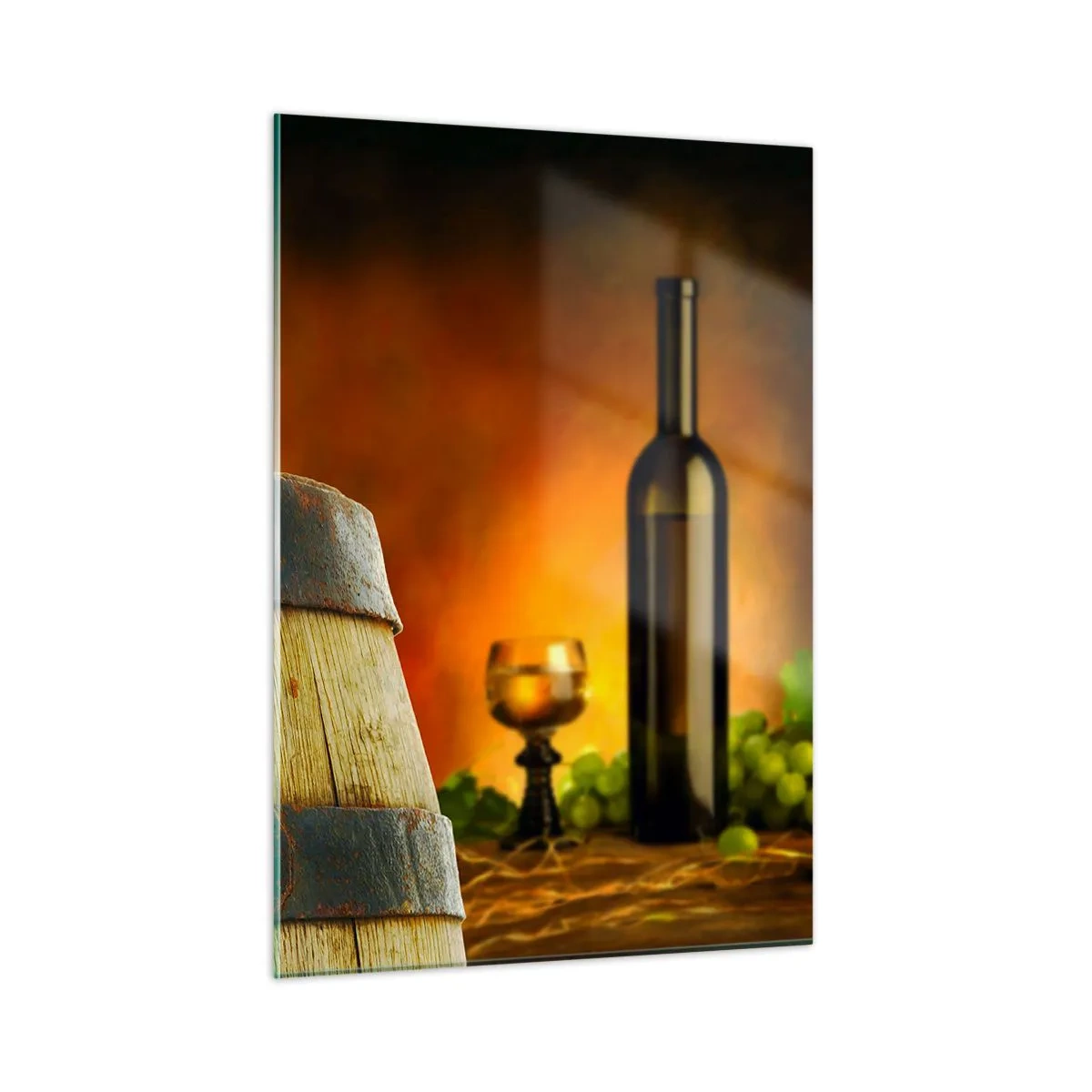 Glastavla - Bild på glas - Stilleben med vinflaska och vindruvor - 50x70 cm