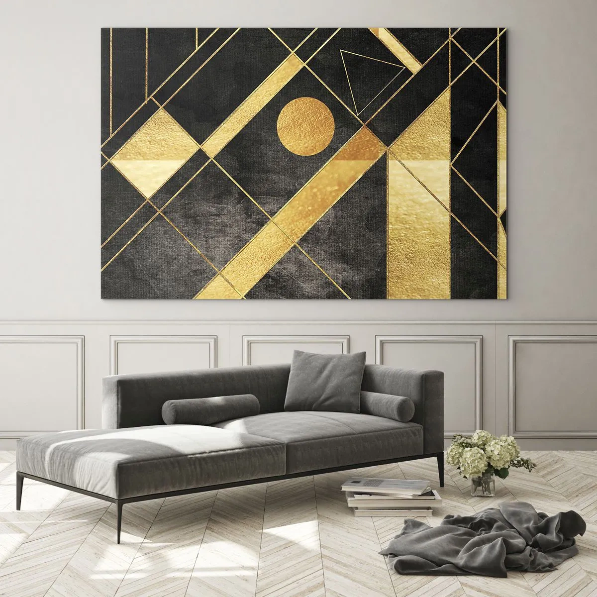 Glastavla - Bild på glas - Gyllene geometriska mönster på svart bakgrund - 70x50cm - Öknens sol - Modern väggdekoration för vardagsrum och sovrum ARTTOR
