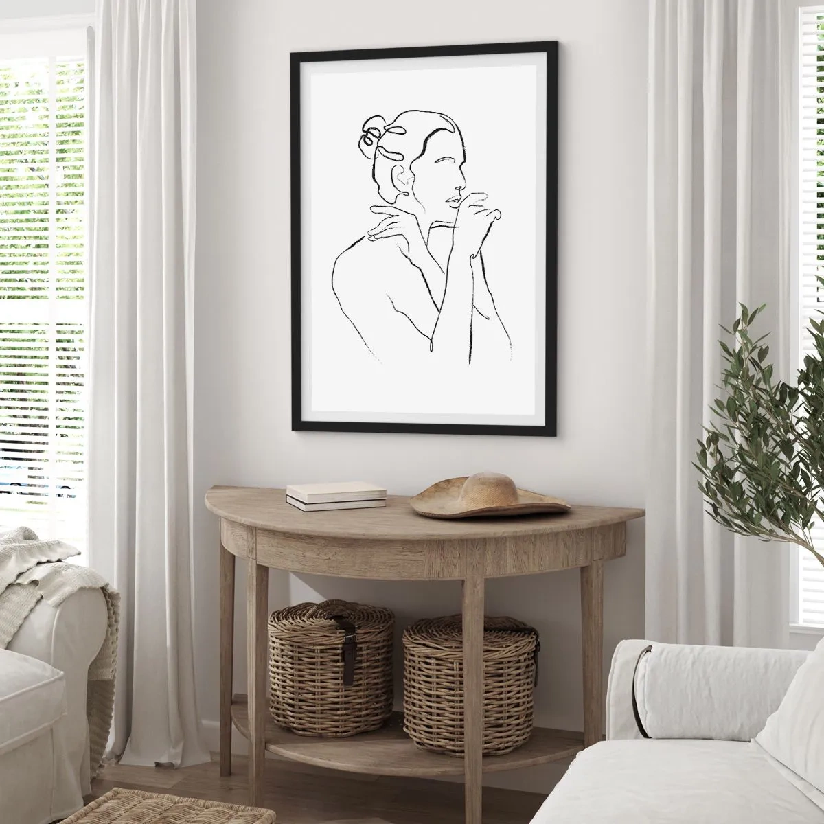 Affisch i svart ram - Minimalistisk linje av en kvinnlig silhuett på en vit bakgrund - 50x70cm - Akten: ett sensuellt mysterium - Modern väggdekoration för vardagsrum och sovrum ARTTOR