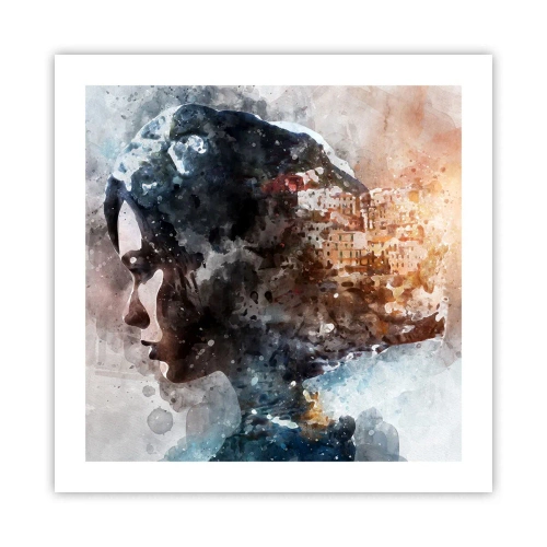 Affisch - Berättelse om en tjej med en stad i bakgrunden - 50x50 cm