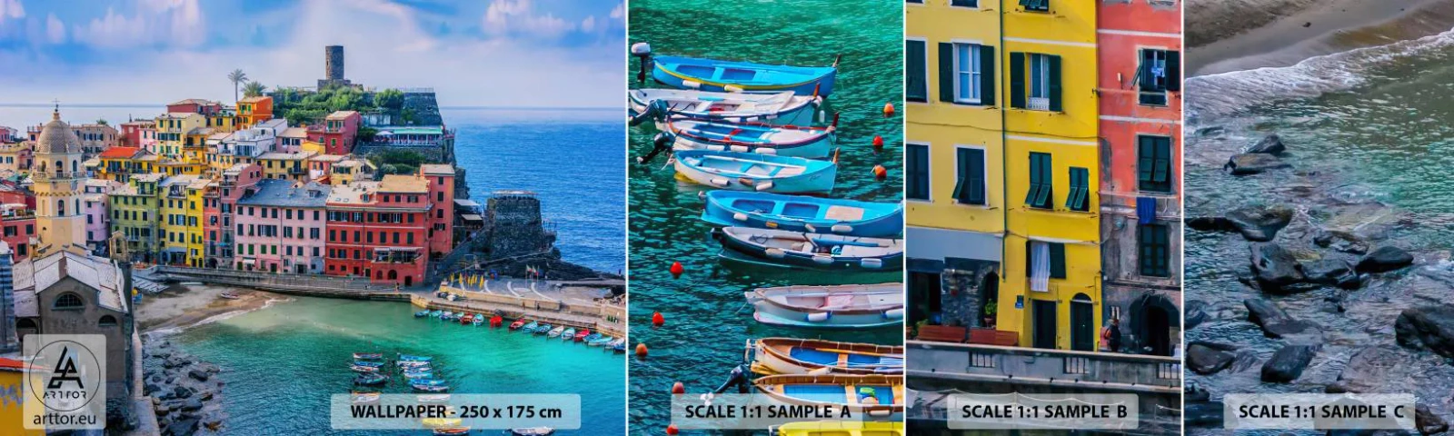 Provbit av självhäftande fototapet Deluxe Sticker - Magisk stad i Medelhavet - Ligurien, Stad, Italien - 100x30 cm