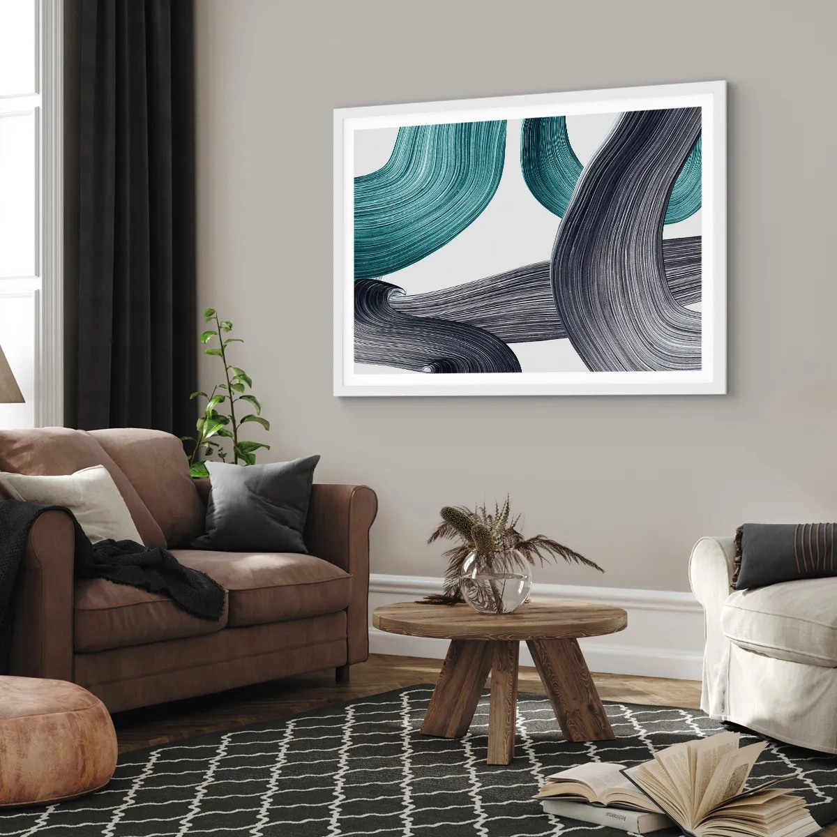 Affisch i vit ram - Smaragd och svarta spår - 100x70 cm