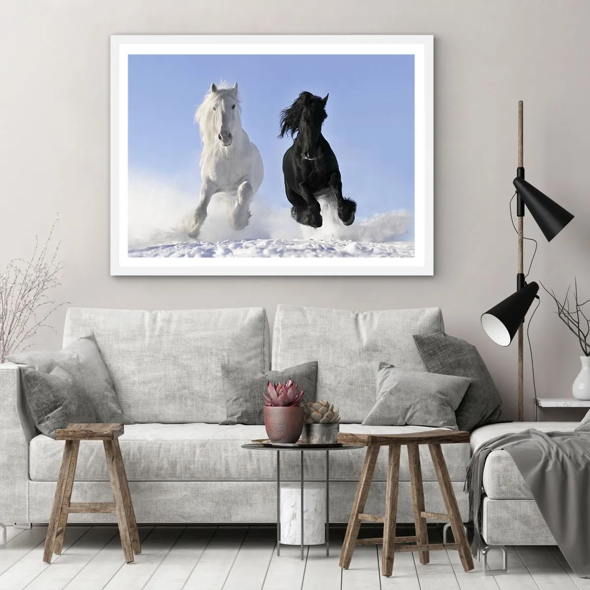 Affisch i vit ram - Svart-vit galopp - 70x50 cm