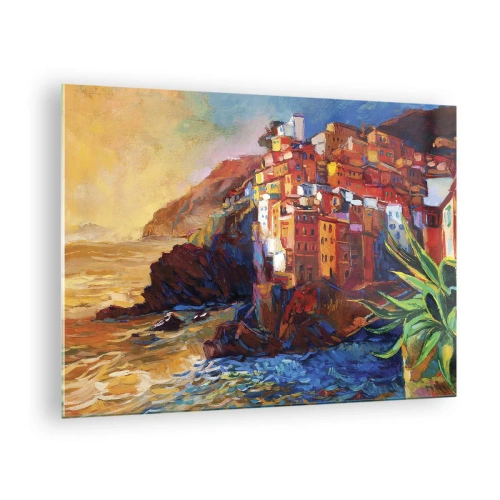 Glastavla - Bild på glas - En färgglad stad på en klippa med utsikt över havet - 70x50cm - Italiensk stämning - Modern väggdekoration för vardagsrum och sovrum ARTTOR