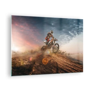 Glastavla - Bild på glas - Motorcyklist i öknen i en dynamisk miljö - 70x50cm - För segern - Modern väggdekoration för vardagsrum och sovrum ARTTOR