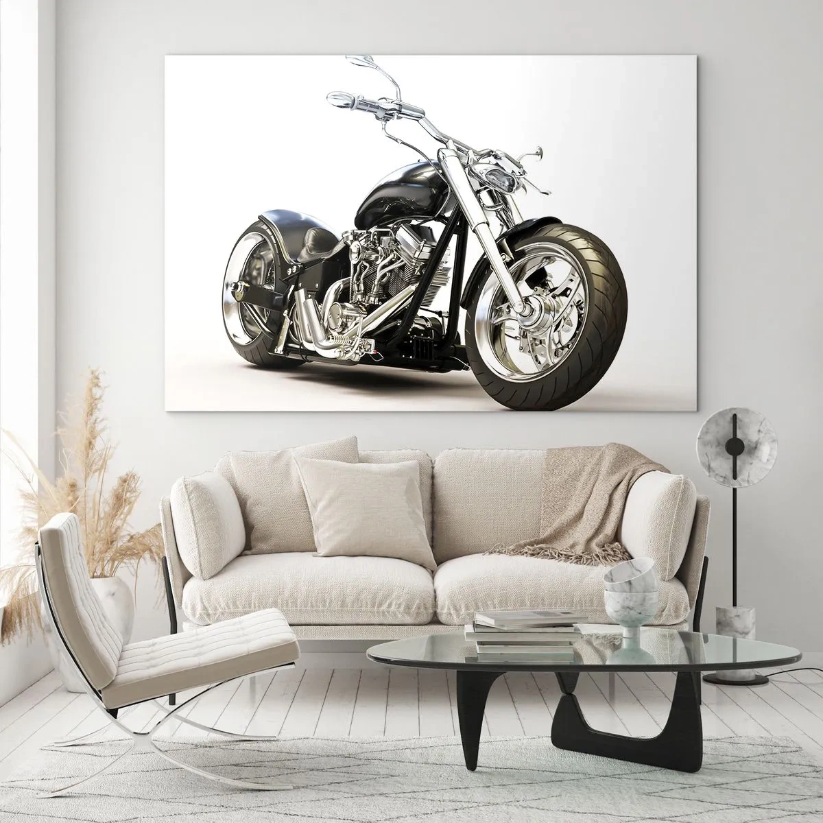 Glastavla - Bild på glas - En svart choppermotorcykel mot en ljus bakgrund - 70x50cm - Kraft med karaktär - Modern väggdekoration för vardagsrum och sovrum ARTTOR