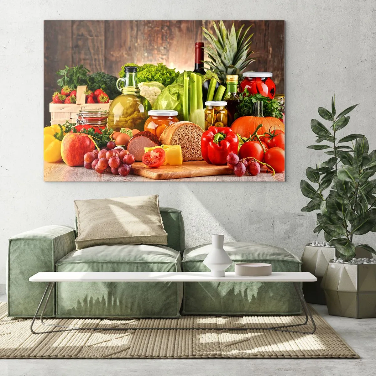 Glastavla - Bild på glas - Färgglada grönsaker, frukter, bröd och sylt på en träbakgrund - 70x50cm - Rökt, ugnstekt, marinerad - Modern väggdekoration för vardagsrum och sovrum ARTTOR