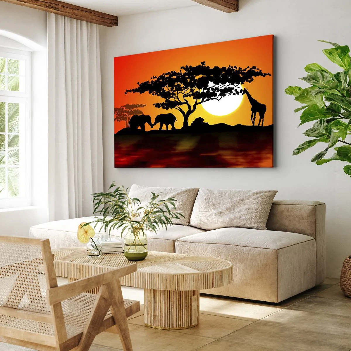 Canvastavla - Bild på duk - Afrikansk solnedgång med silhuetter av elefanter och giraffer över vattnet - 70x50cm - Ett möte ute i savannen - Modern väggdekoration för vardagsrum och sovrum ARTTOR