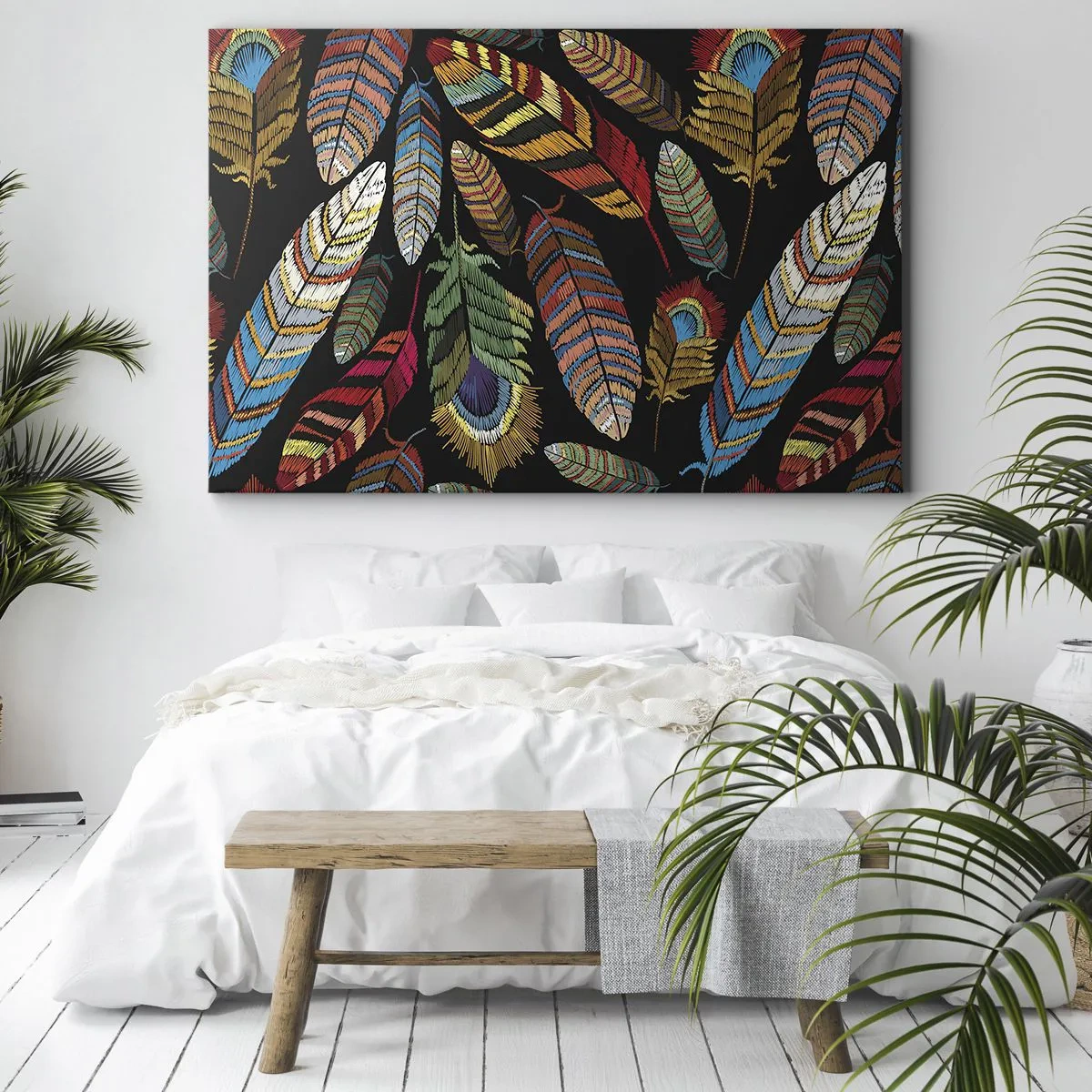 Canvastavla - Bild på duk - Färgglada fjädrar på svart bakgrund - 70x50cm - Fågelkarneval - Modern väggdekoration för vardagsrum och sovrum ARTTOR