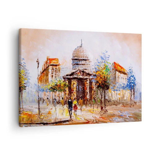 Canvastavla - Bild på duk - Impressionistisk stadsbild med en historisk byggnad - 70x50cm - Promenad i Paris - Modern väggdekoration för vardagsrum och sovrum ARTTOR