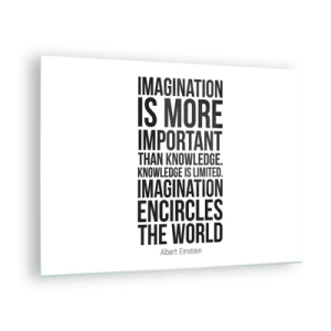 Glastavla - Bild på glas - Ett citat om fantasi i minimalistisk typografi - 70x50cm - Einstein om fantasins styrka - Modern väggdekoration för vardagsrum och sovrum ARTTOR