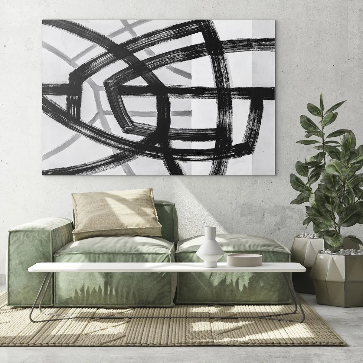 Glastavla - Bild på glas - Svarta och grå penseldrag skapar ett dynamiskt nätverk av linjer. - 70x50cm - Att skapa djupet - Modern väggdekoration för vardagsrum och sovrum ARTTOR