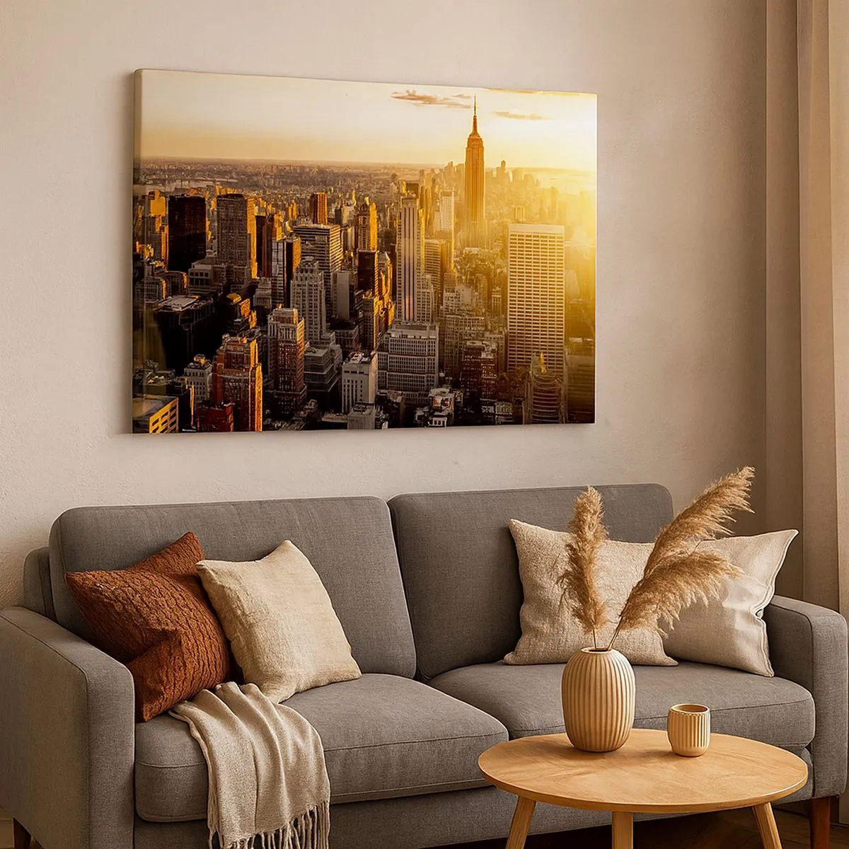 Canvastavla - Bild på duk - New York Citys silhuett vid solnedgången med utsikt över Empire State Building - 70x50cm - Växa i solskenet - Modern väggdekoration för vardagsrum och sovrum ARTTOR