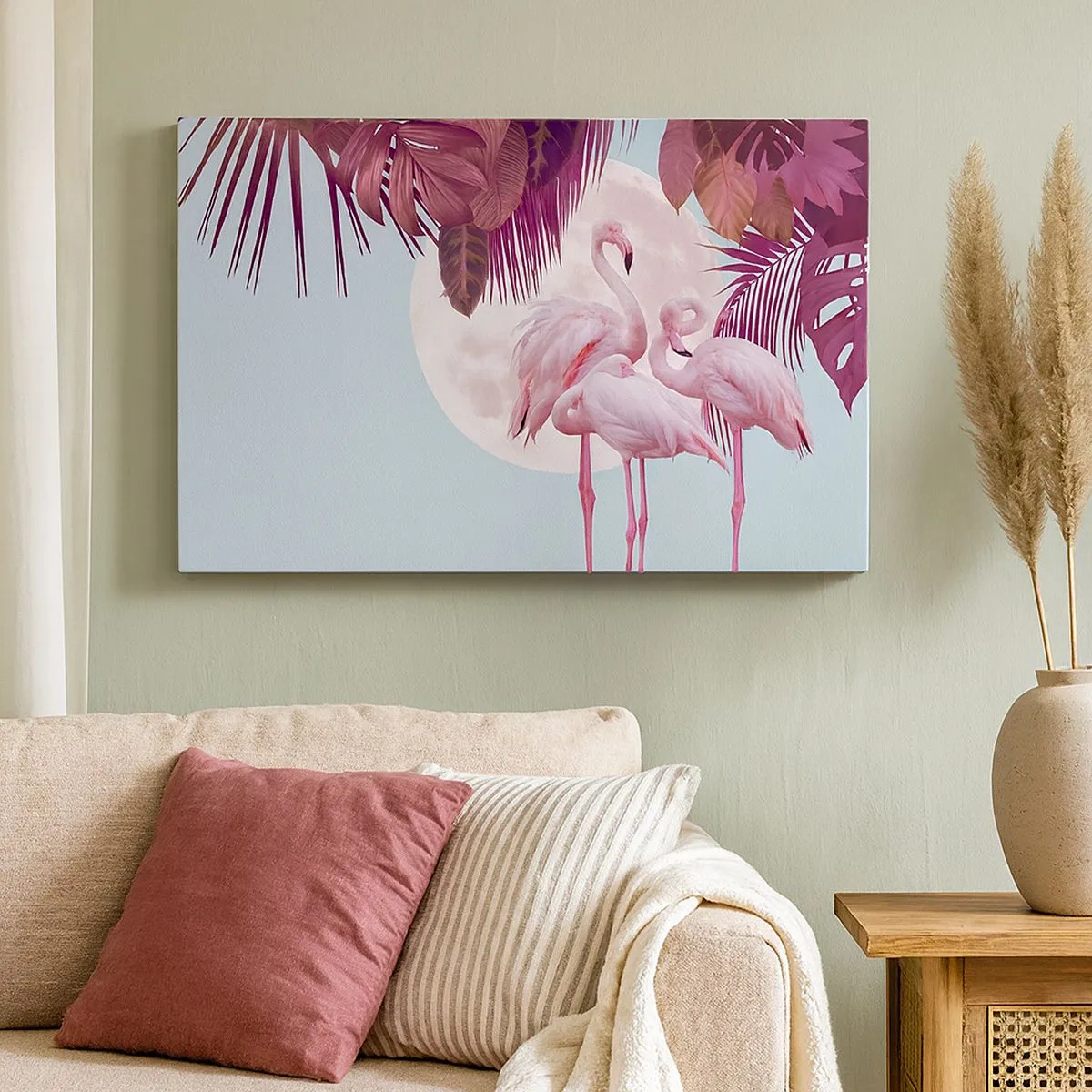 Canvastavla - Bild på duk - Rosa flamingos mot bakgrund av månen och tropiska löv - 70x50cm - De tre fågelgracena - Modern väggdekoration för vardagsrum och sovrum ARTTOR