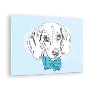 Glastavla - Bild på glas - Teckning av en hund med fluga mot blå bakgrund - 70x50cm - Hundelegans - Modern väggdekoration för vardagsrum och sovrum ARTTOR