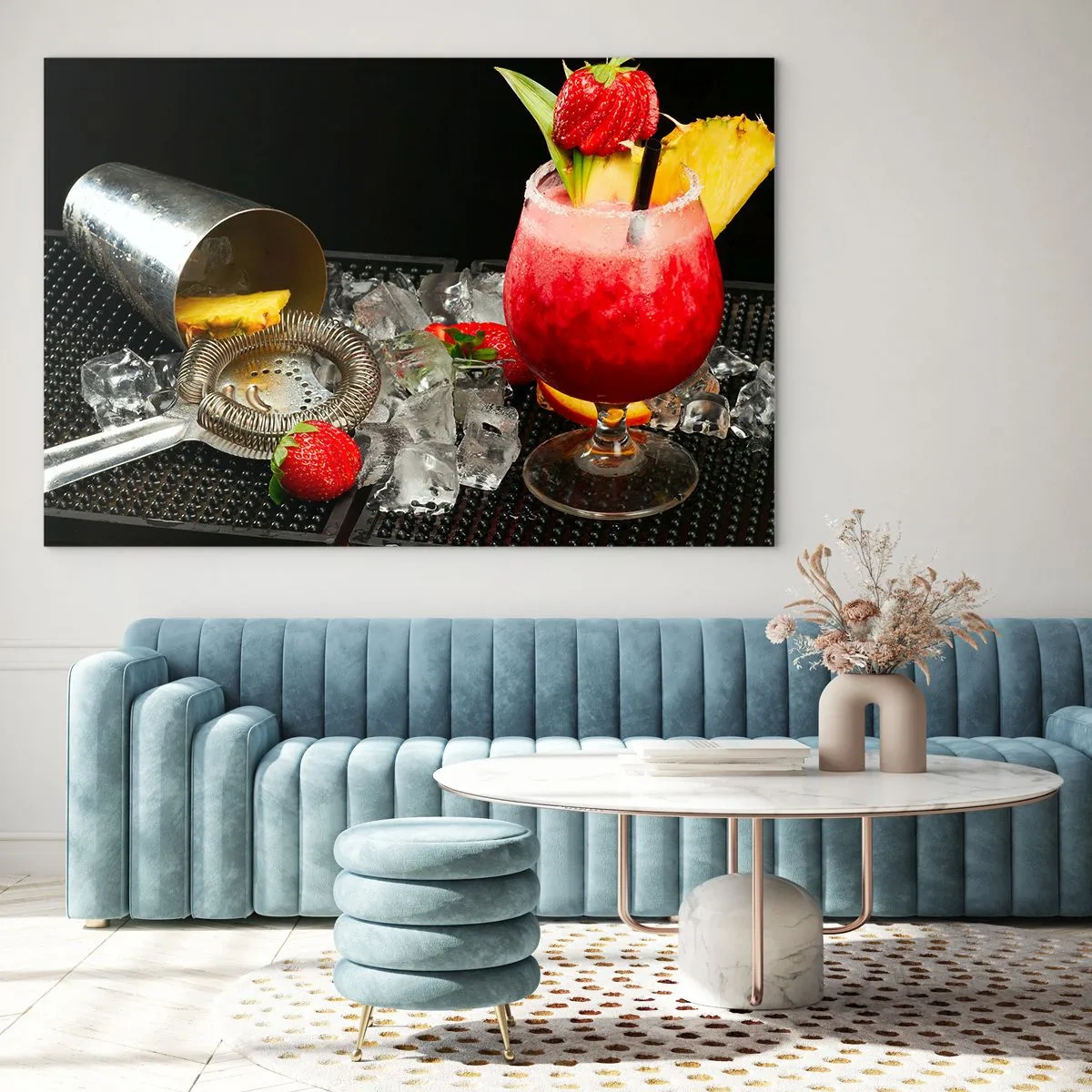 Glastavla - Bild på glas - En färgglad drink med frukt och en shaker på is - 70x50cm - Trolla fram smaken - Modern väggdekoration för vardagsrum och sovrum ARTTOR