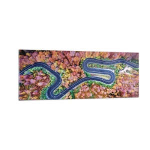Glastavla - Bild på glas - Slingrande väg genom skogen - 140x50 cm