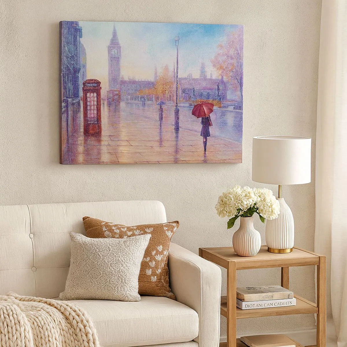 Canvastavla - Bild på duk - Londongatan med Big Ben på en regnig dag - 70x50cm - Höstdag i London - Modern väggdekoration för vardagsrum och sovrum ARTTOR