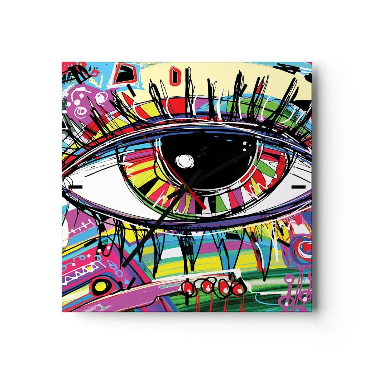 Väggklocka - Klocka på glas - Färgglatt öga - färgglad själ - 30x30 cm