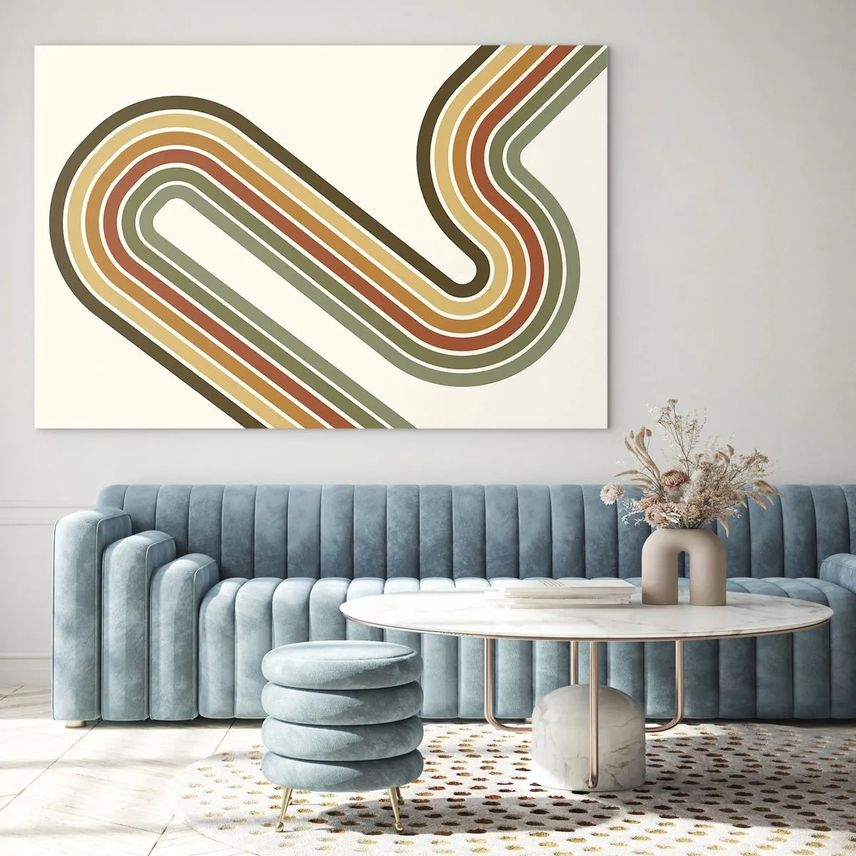 Glastavla - Bild på glas - Geometrisk abstraktion i retrostil med vågiga linjer - 70x50cm - Zig-zack mot målet - Modern väggdekoration för vardagsrum och sovrum ARTTOR