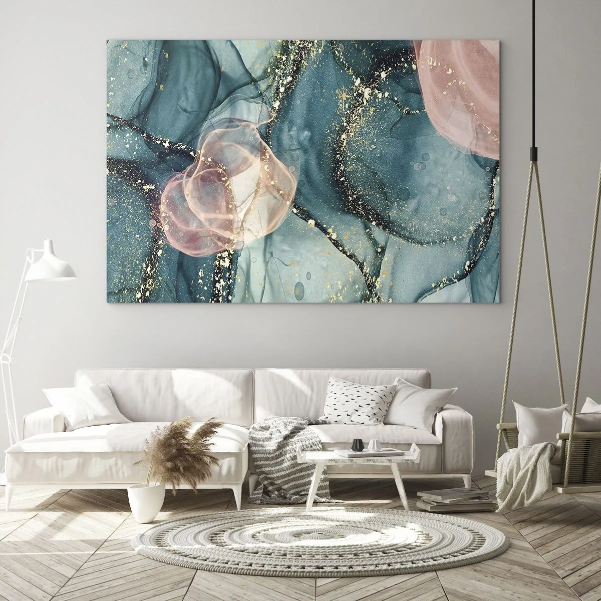 Glastavla - Bild på glas - Abstrakta former i blått och rosa med gulddetaljer - 70x50cm - Sidenblå, tyllrosa - Modern väggdekoration för vardagsrum och sovrum ARTTOR