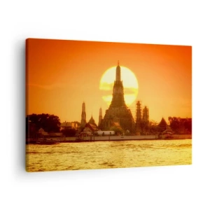 Canvastavla - Bild på duk - Solnedgång över templet med reflektion i vattnet - 70x50cm - Mot solen, alltid mot solen - Modern väggdekoration för vardagsrum och sovrum ARTTOR