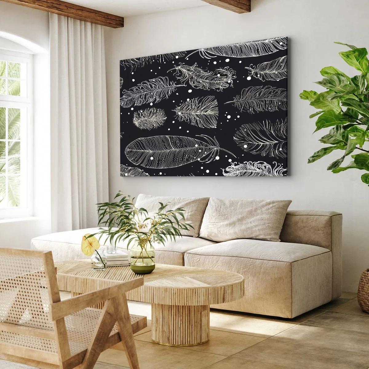 Canvastavla - Bild på duk - Fina vita fjädrar på en marinblå bakgrund - 70x50cm - Fjäderspets - Modern väggdekoration för vardagsrum och sovrum ARTTOR