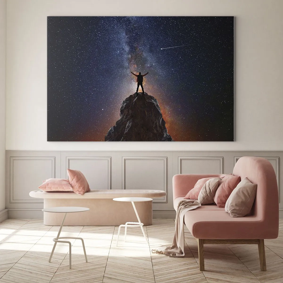 Glastavla - Bild på glas - Silhuett av en man på toppen av en sten under en stjärnklar himmel - 70x50cm - Kraften är med mig! - Modern väggdekoration för vardagsrum och sovrum ARTTOR