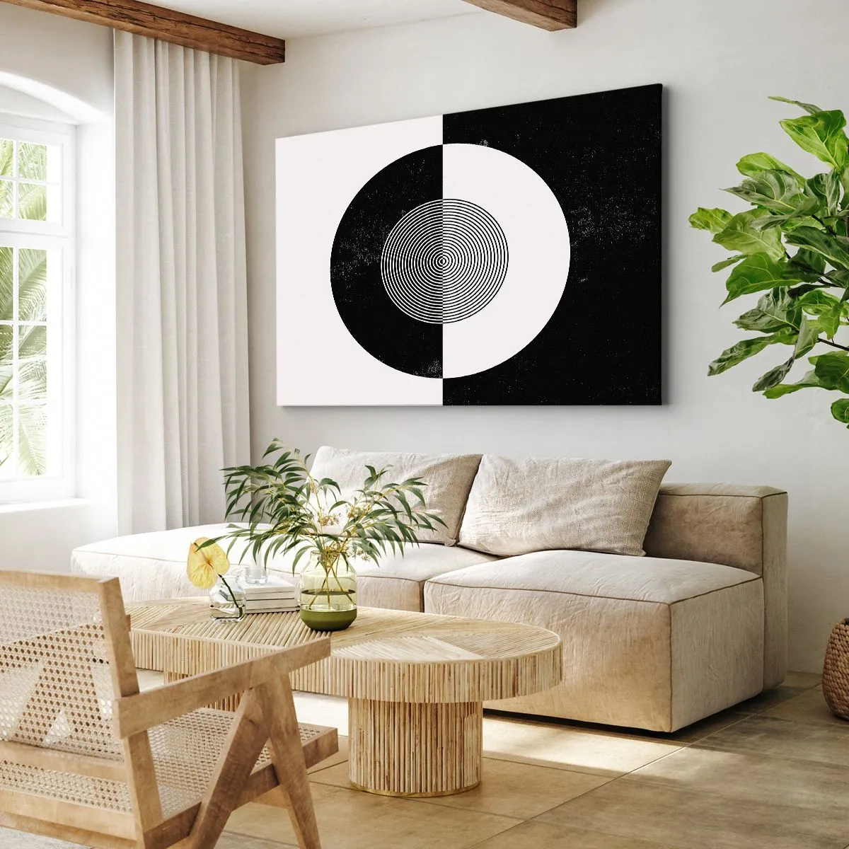Canvastavla - Bild på duk - Grafiskt mönster i kontrasterande svartvitt - 70x50cm - Harmoni i svart och vitt - Modern väggdekoration för vardagsrum och sovrum ARTTOR