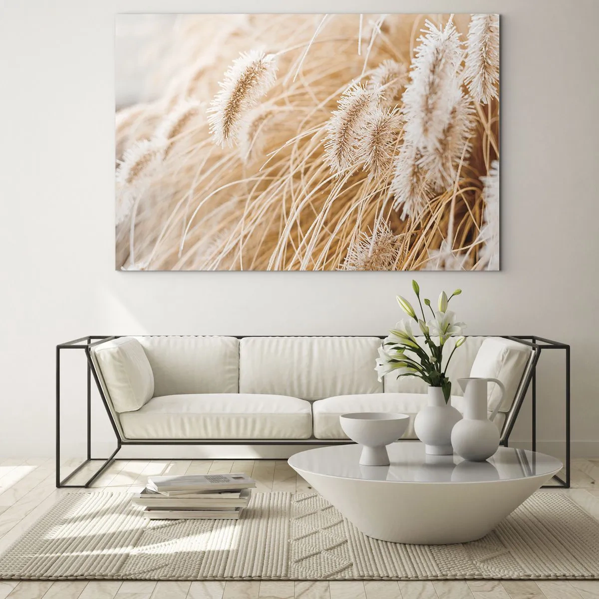 Glastavla - Bild på glas - Närbild av fluffiga grässpikar i gyllene ljus - 70x50cm - Gyllene gräsrassel - Modern väggdekoration för vardagsrum och sovrum ARTTOR