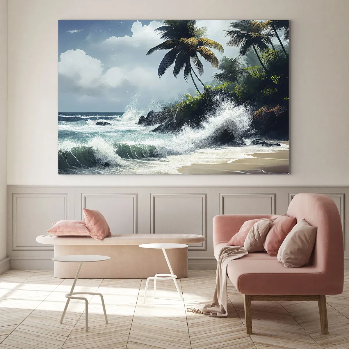Glastavla - Bild på glas - Vågor som slår mot klipporna vid palmerna på en tropisk strand - 70x50cm - På en tropisk strand - Modern väggdekoration för vardagsrum och sovrum ARTTOR