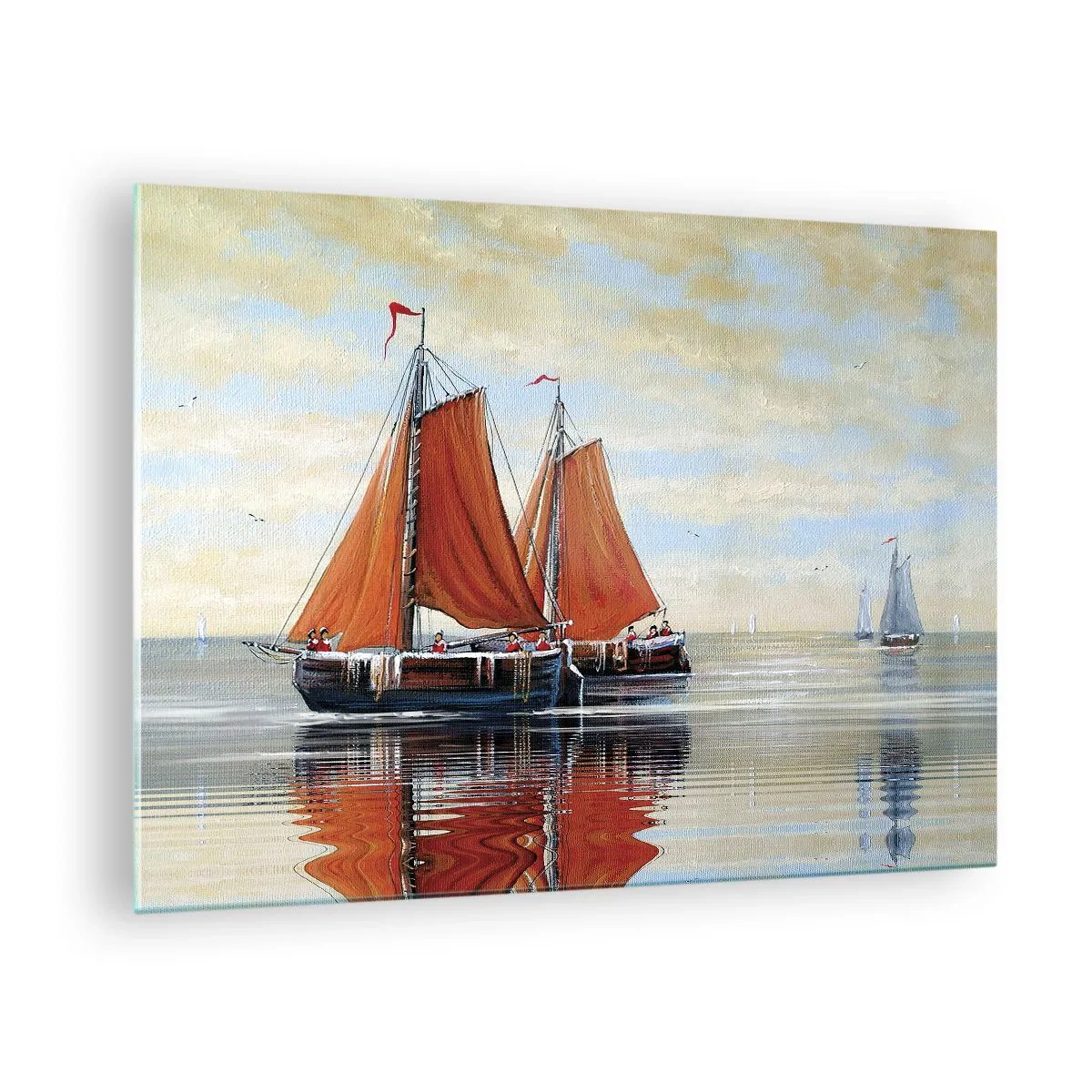 Glastavla - Bild på glas - Segelfartyg på ett lugnt hav vid solnedgången - 70x50cm - Hej, segla seglaren… - Modern väggdekoration för vardagsrum och sovrum ARTTOR