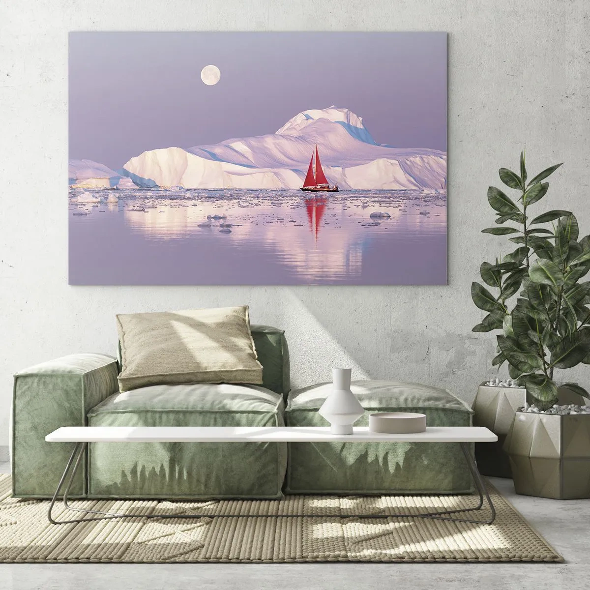 Glastavla - Bild på glas - En segelbåt mot bakgrund av glaciärer i månskenet - 70x50cm - Seglens glöd, isens kyla - Modern väggdekoration för vardagsrum och sovrum ARTTOR