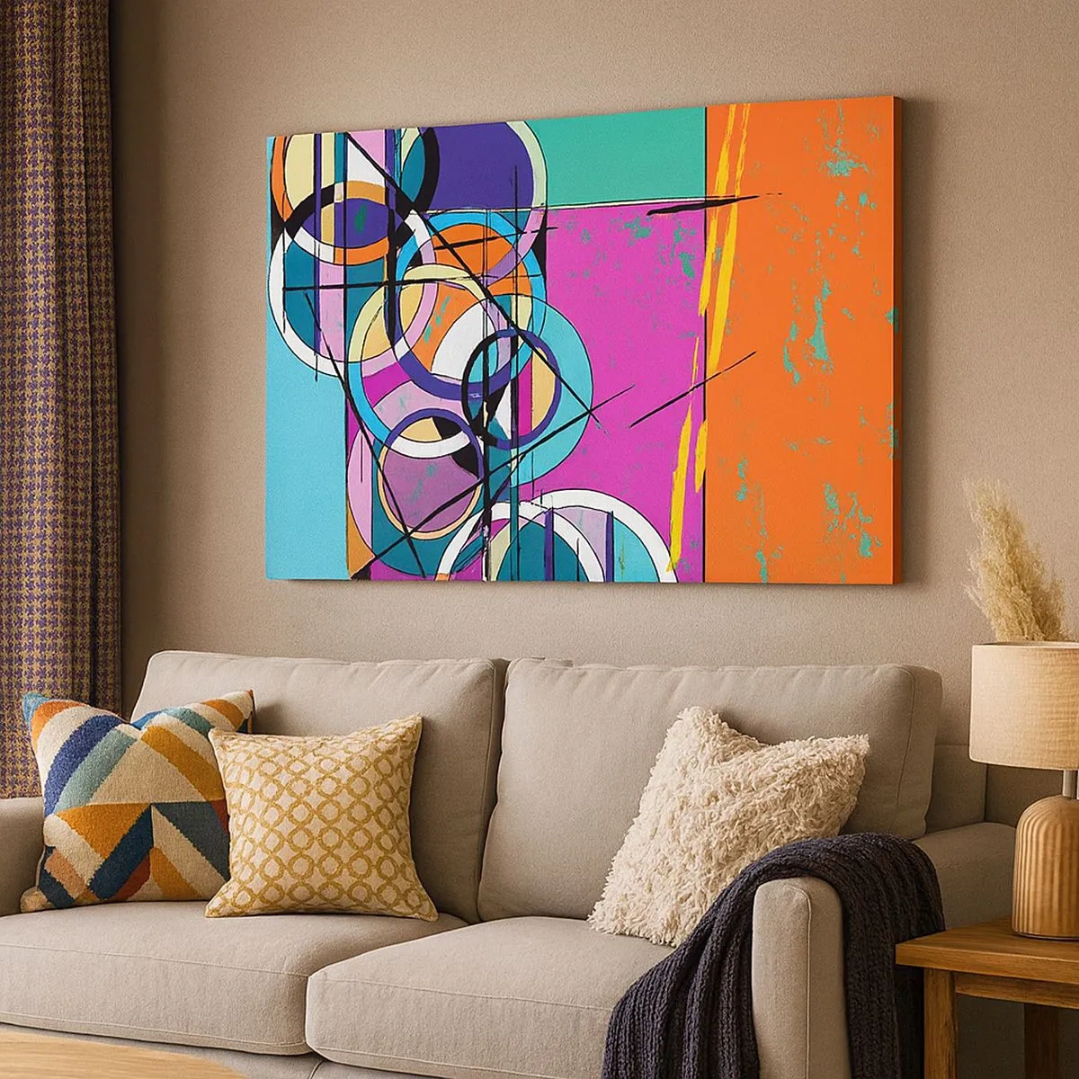 Canvastavla - Bild på duk - Färgglad abstraktion med geometriska cirklar - 70x50cm - Hjul efter hjul - Modern väggdekoration för vardagsrum och sovrum ARTTOR