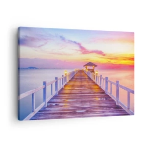 Canvastavla - Bild på duk - En pir över vattnet vid solnedgången i pastellfärger - 70x50cm - Kvällens lila-guld tystnad - Modern väggdekoration för vardagsrum och sovrum ARTTOR