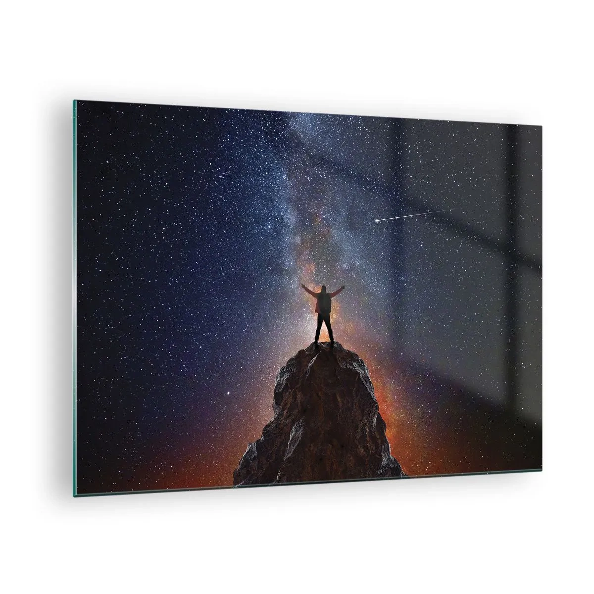 Glastavla - Bild på glas - Silhuett av en man på toppen av en sten under en stjärnklar himmel - 70x50cm - Kraften är med mig! - Modern väggdekoration för vardagsrum och sovrum ARTTOR