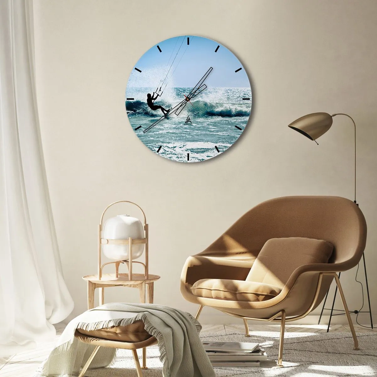 Väggklocka - Klocka på glas - Kitesurfare som rider på en våg på en solig dag vid havet - 30x30cm - Ge upp för vinden - Modern väggdekoration för vardagsrum, kök och sovrum ARTTOR